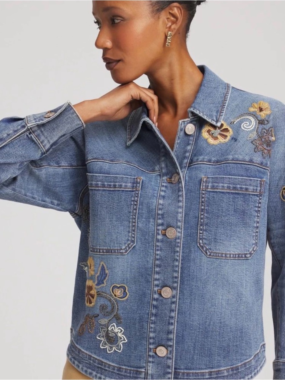 Chico’s Embroidered Blue Denim Jacket - Women